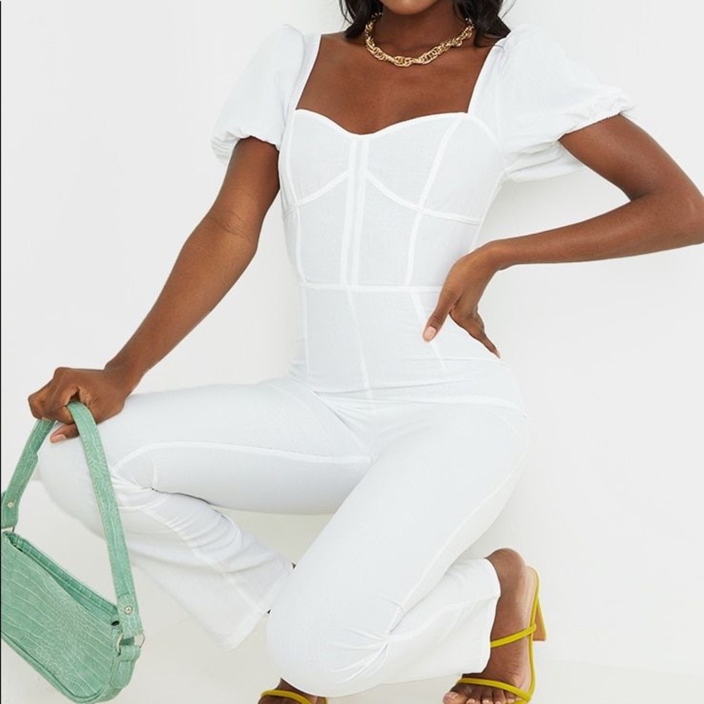 Tall White Corset Puff Sleeve Wide Leg Jumpsuit